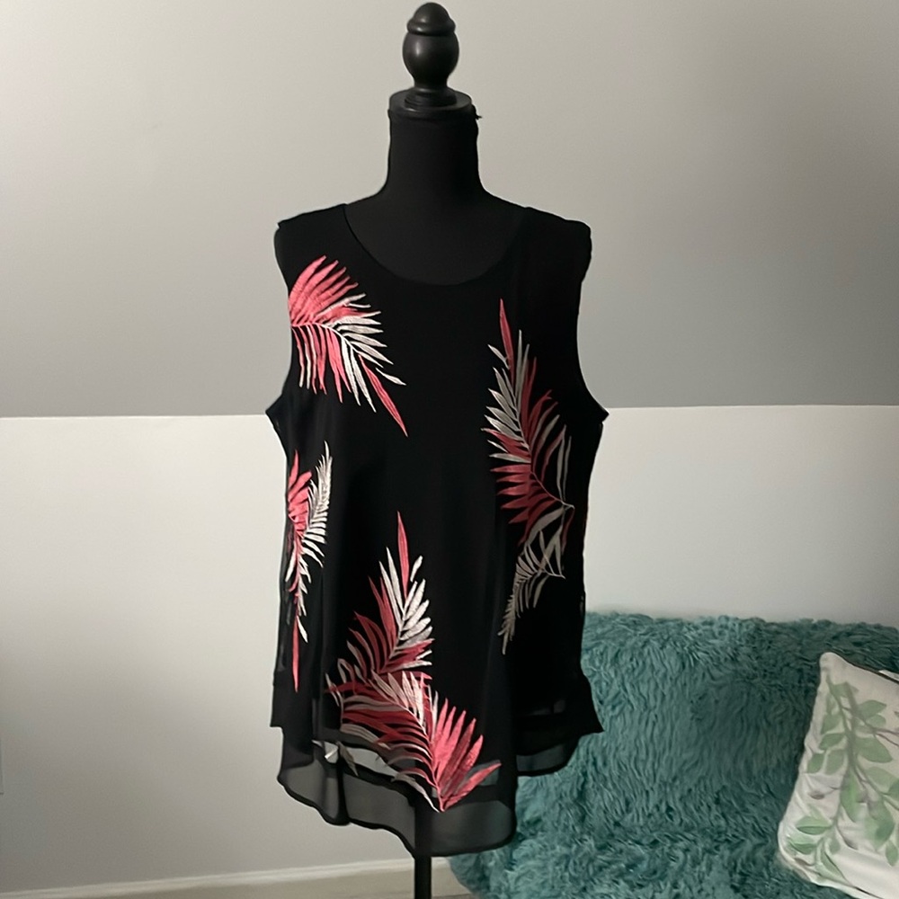 Alfani Woman’s Tank Black with pink and white embroidered palm leaves